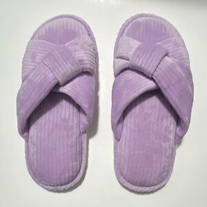Purple Plush Cross Band Slippers Women’s Size ___ Cozy Soft Home Shoes